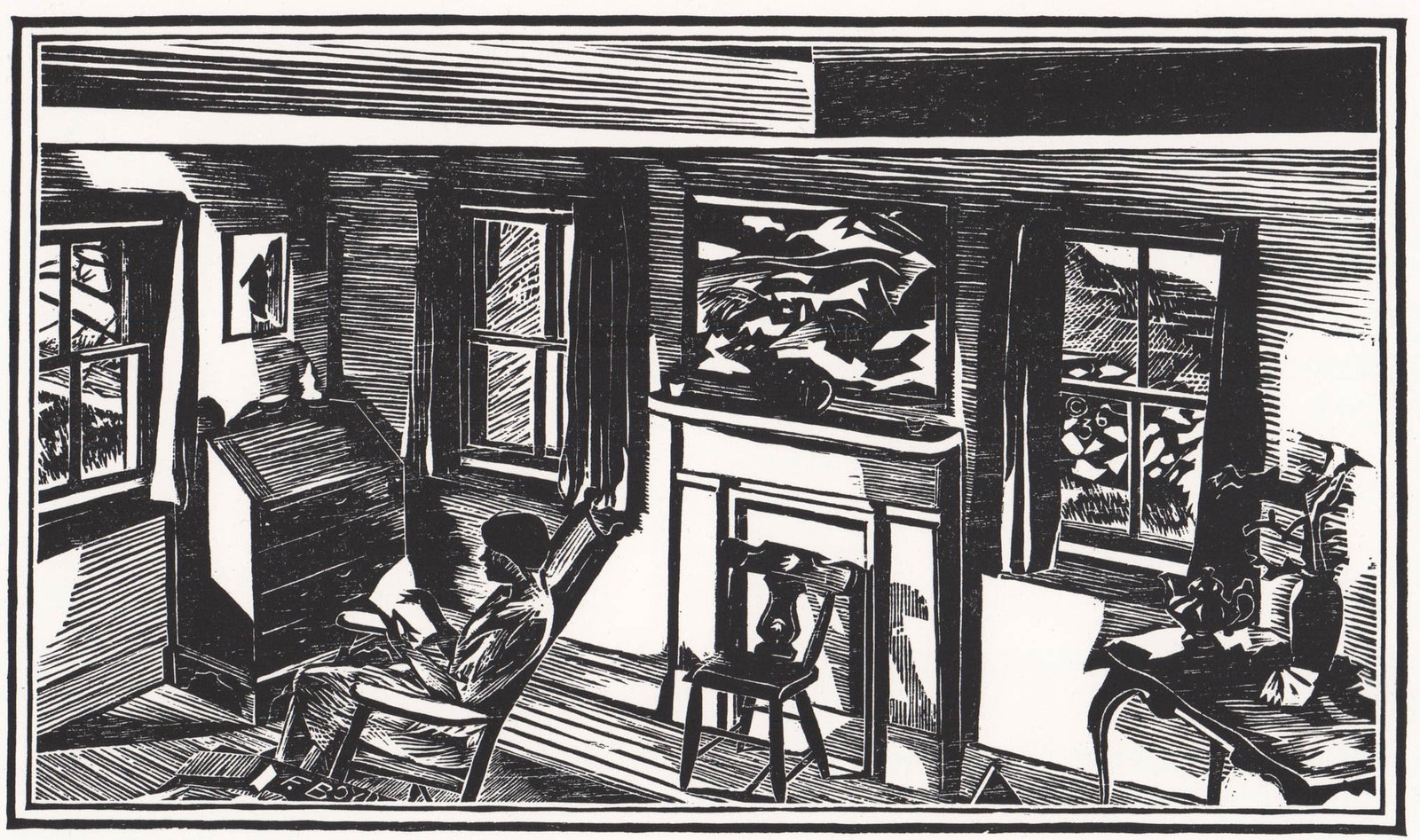 Fiske Boyd Woodcut [AAA, Interior Scene]: Fiske Boyd (New Hampshire, New Jersey 1895-1975) Woodcut. Titled 'Interior' with original folio and label on verso. Signed in plate lower left. Measures 6-in. x 10.25-in. plate size and 14.25-in. x 18