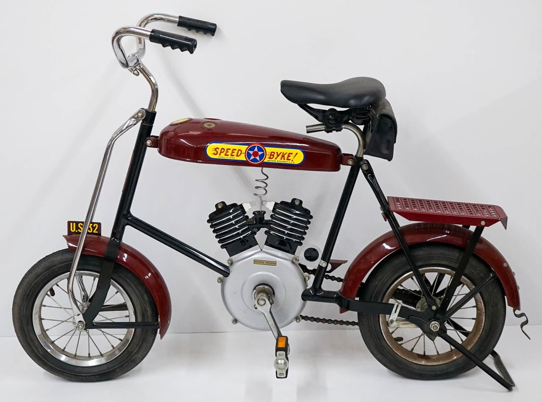 1933 Speed-O-Byke Madison WI: 1933 Speed-O-Byke Madison WI. Measures 31 in. x 42 in. x 6.5 in. Weighs approx 25lbs. Original except the rack above the rear fender on the back and the decals. Excellent condition. If lot is absent o