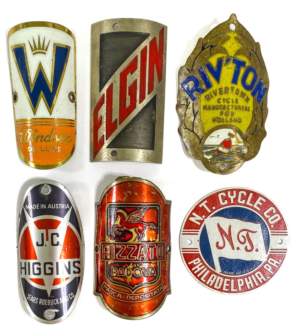 Six Vintage Bicycle Head Badges: Six Vintage Bicycle Head Badges. They measure 2..5 inches height. Mixed condition. If lot is absent of a condition report one may be requested via email. Condition report is provided as an opinion onl