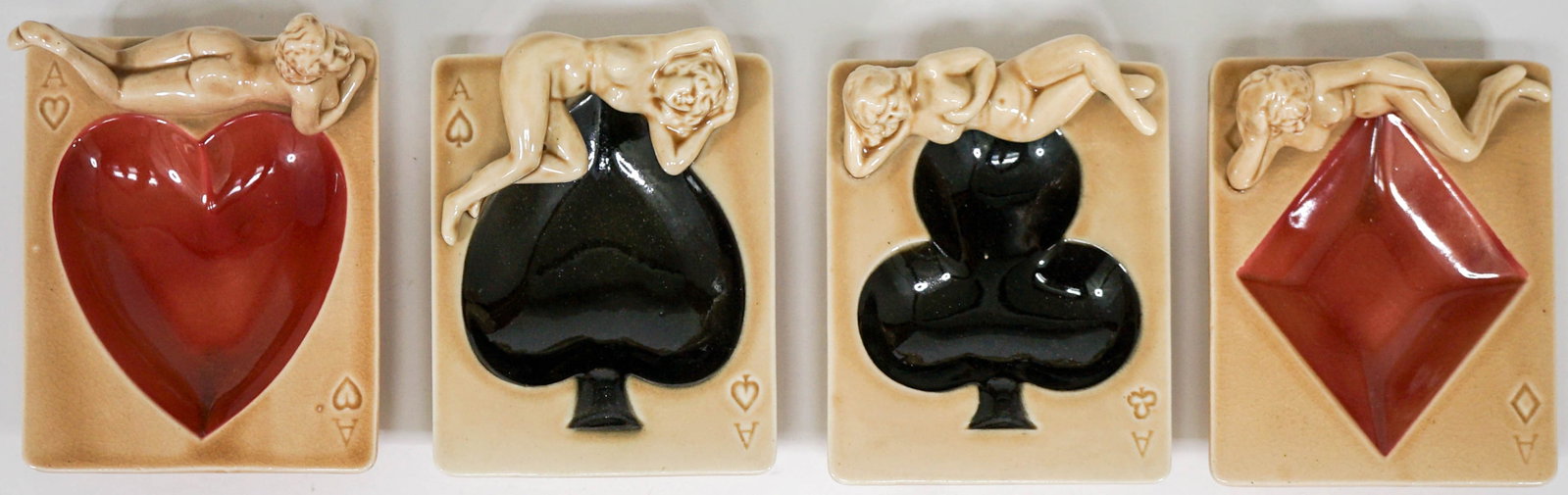 Vintage (4) Shafford Vanity Dish Set [Nudes]: Set of four (4) vintage Shafford women nudes vanity dishes. Ace of Hearts, Diamonds, Spades and Clubs. Measure approximately 5 in. x 4 in. If lot is absent of a condition report one may be requested v