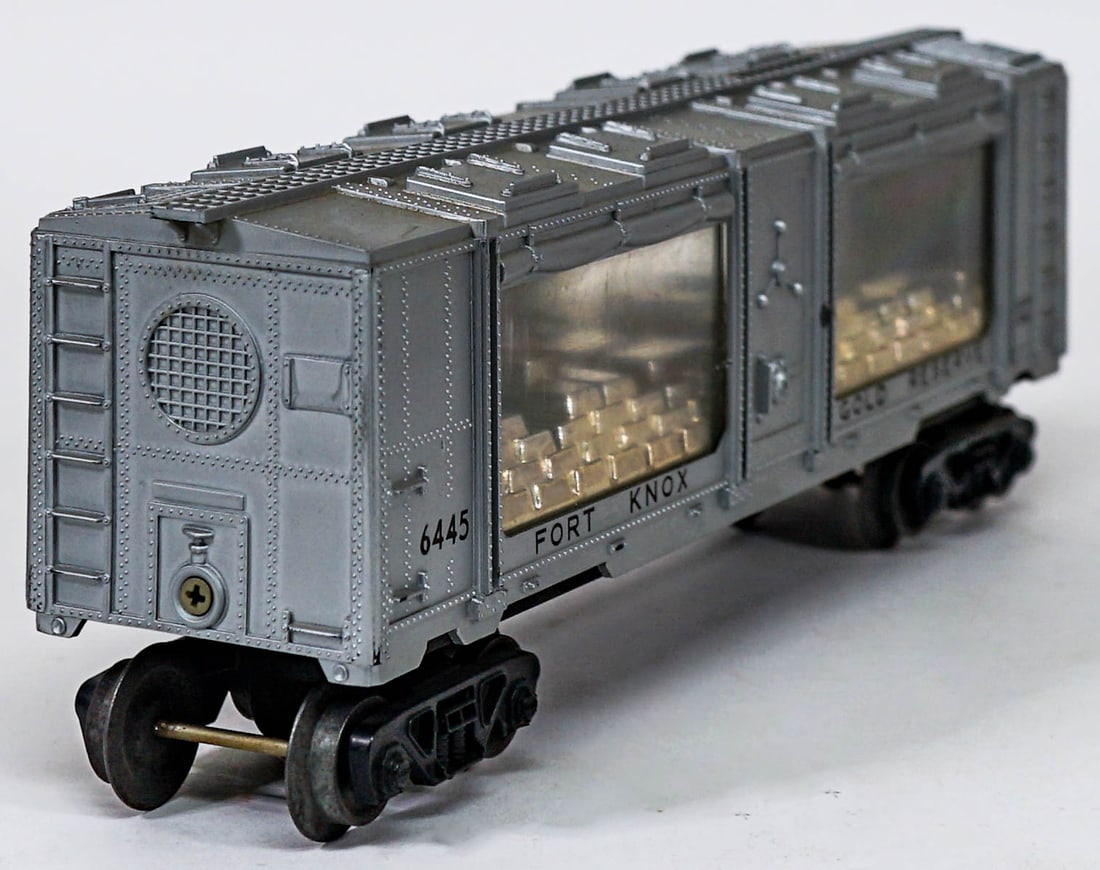 Lionel Fort Knox Gold Reserves Box Car 6445: Lionel Fort Knox Gold Reserves Box Car 6445. These trains are from a private collection and are untested. If lot is absent of a condition report one may be requested via email. Condition report is pro