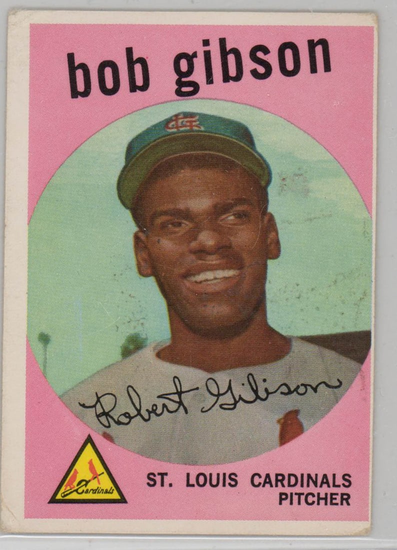 Bob Gibson 1959 Rookie Card #514: Bob Gibson 1959 Rookie Card #514 (Fair-Good). Bumped corners, gum or wax stains, no creases. If lot is absent of a condition report one may be requested via email. Condition report is provided as an o