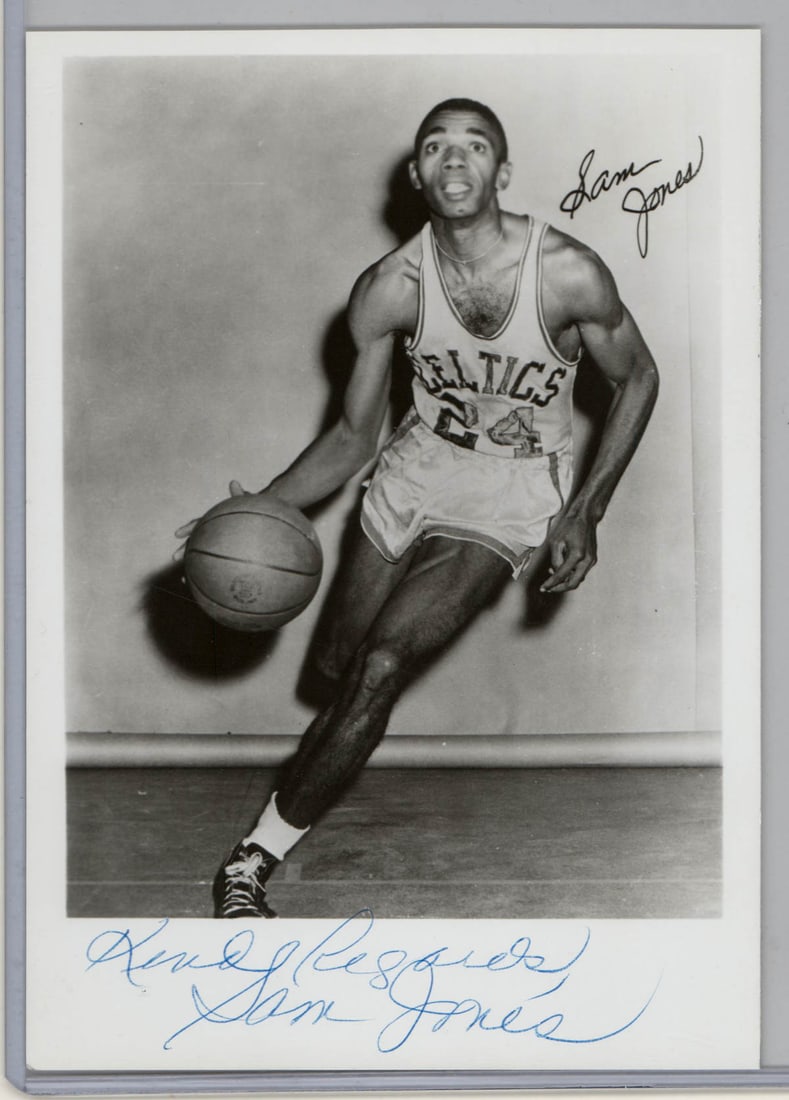 Sam Jones (Boston Celtics) Signed 7 x 5 Photo: Sam Jones (Boston Celtics) Signed 7 x 5 Photo. Unframed, loose and not glued or mounted. Beckett Authentication Services COA #BM04065. If lot is absent of a condition report one may be requested via e