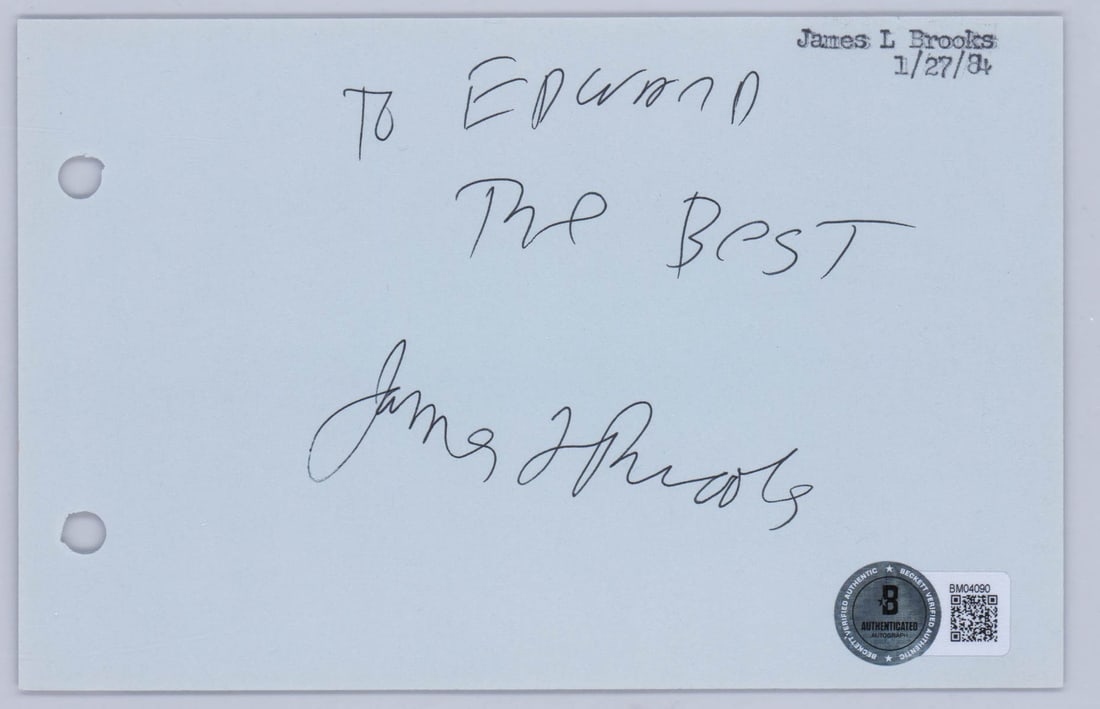 James L. Brooks 4 x 6 Signed Page BAS COA: American director and film producer James L. Brooks 4 x 6 inscribed and signed album page. Includes Beckett Authentication Services COA # BM04090. Provenance: Washington State private collection. Phot