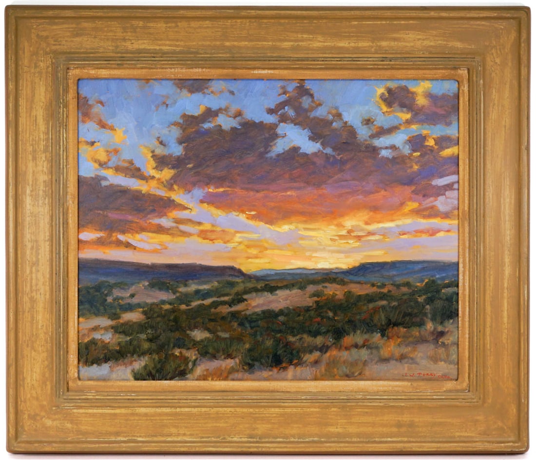 Jean J. Perry Framed Original Oil Painting: Jean J. Perry (Colorado/Kansas, Born 1935) signed framed original oil painting on canvas [Western Splendor]. Measures 16 x 20 inches image size and 23 x 26.5 inches framed, Gallery framed. Excellent c