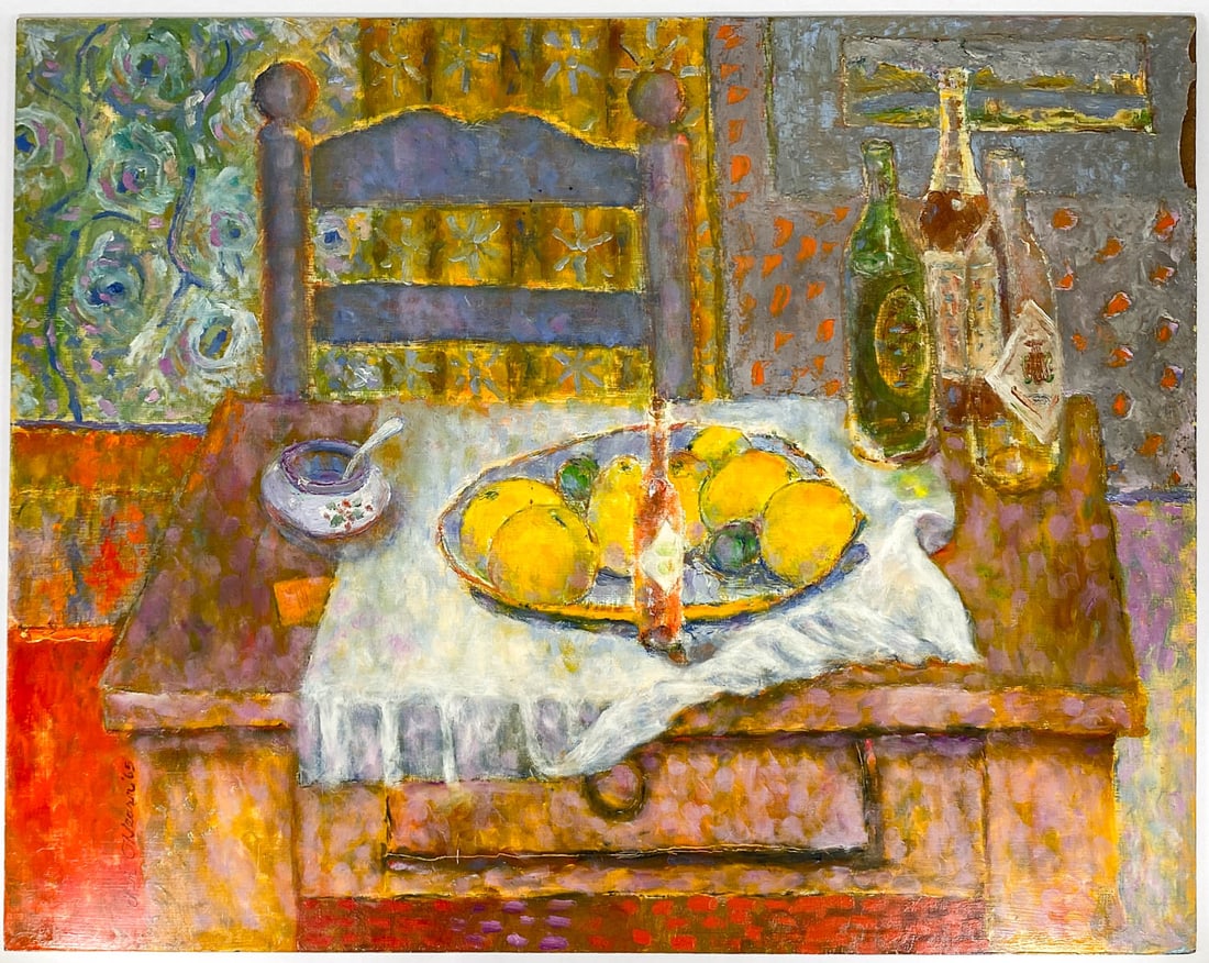 Still Life, California Large Oil/Masonite: Len O'Hearn Signed San Francisco, California Large Oil on Masonite [40 Los Palmus Dr SF] . Titled "Blue Chair with Yellow Fruit 1965". Measures 30 x 40 inches image size aUnfrmaed. Damage to right sid