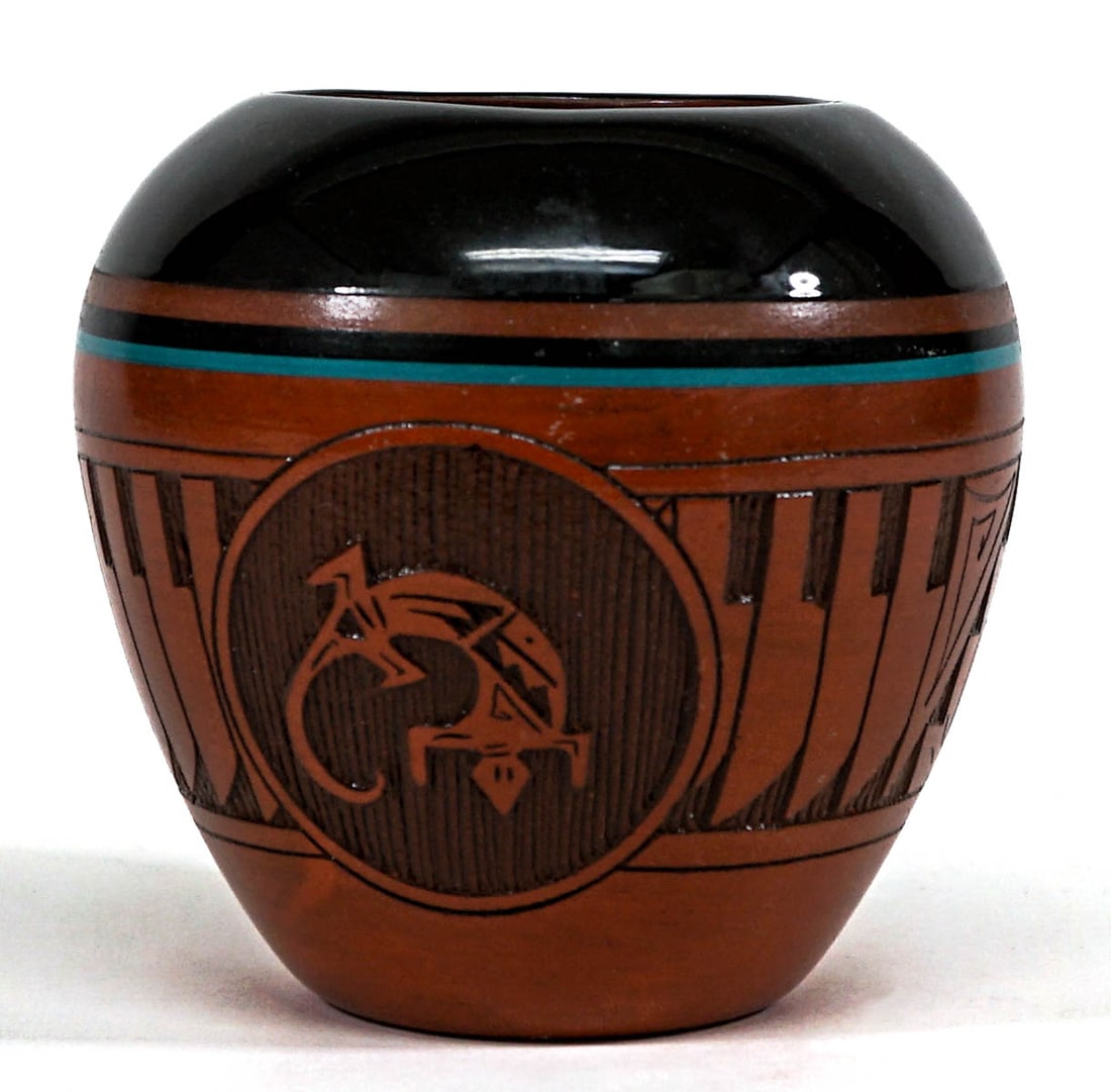 Mitchell Blackhorse Pottery: Mitchell Blackhorse Pottery. Measures 4.375 x 4.25 inches. No damage. If lot is absent of a condition report one may be requested via email. Condition report is provided as an opinion only and is no g