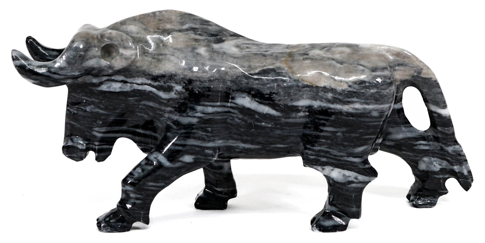 Hand Carved Marble Onyx 9 IN Bull: Nine (9) inch x (4) inch high hand carved marble onyx bull. Black, gray and white. If lot is absent of a condition report one may be requested via email. Condition report is provided as an opinion onl