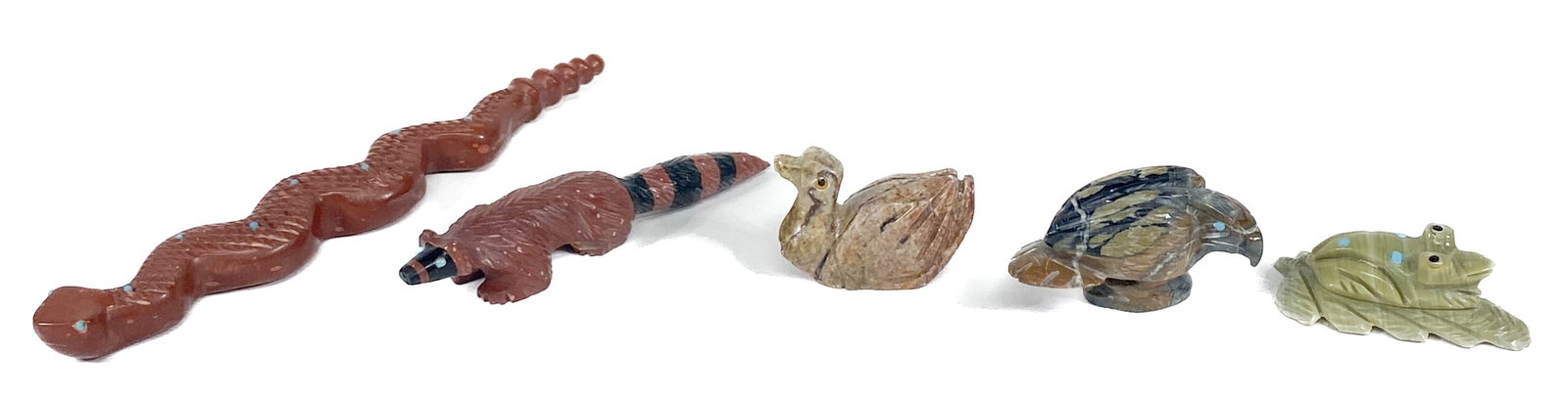 [Zuni, Southwest] Carved Stone Fetish (5 pcs): [Zuni, Southwest] Carved Stone Fetish (5 pcs). They measure 1.5-5.25 inches length. Includes Alex, Kenny Chavez, Joanne Cheame and more. No damage. If lot is absent of a condition report one may be re