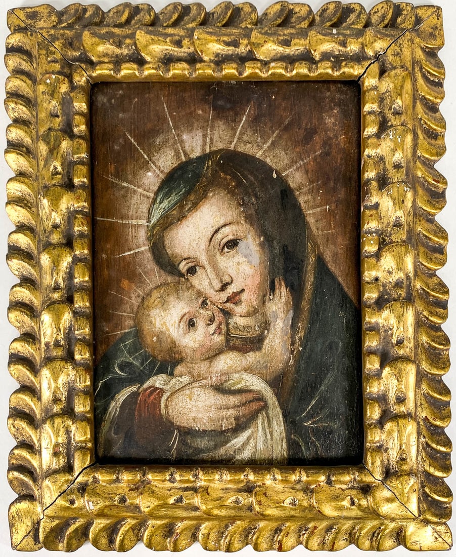 Mary and Jesus Oil on Board Framed [Religious]: Vintage painting of Mary and Jesus. Unsigned. Site size measures 9.25 in. x 6.5 in. and the frame measures 13.5 in. x 11 in. If lot is absent of a condition report one may be requested via email. Cond
