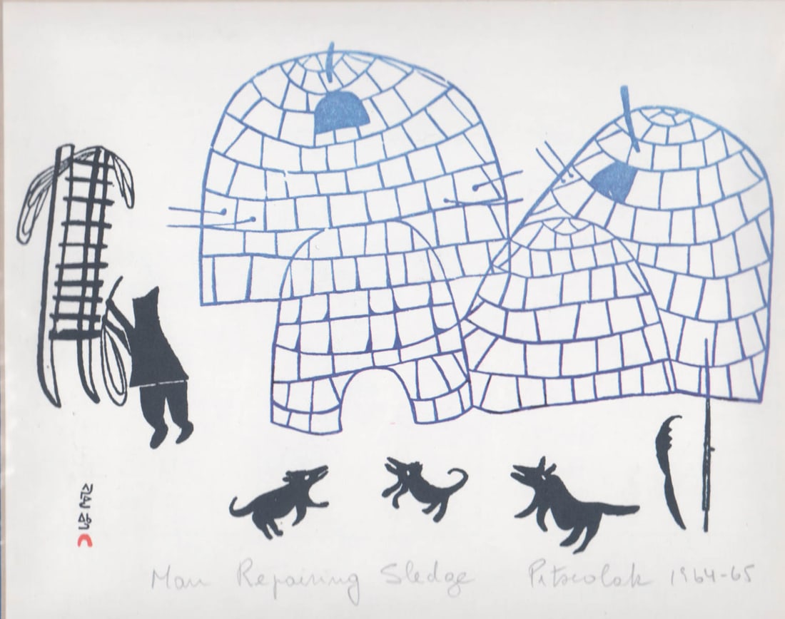 Pitseolak 'Man Repairing Sled' Signed Print Inuit (1 of 4)