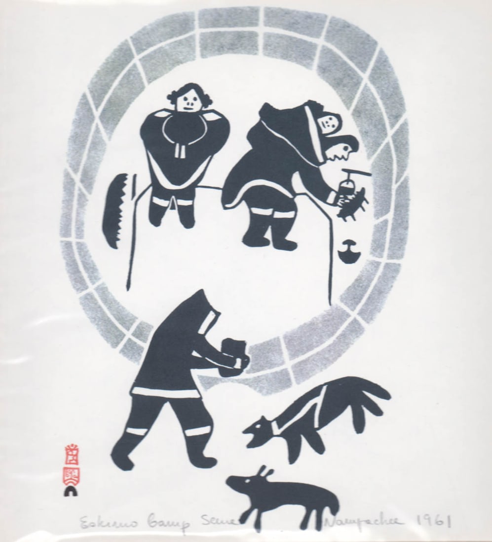 Nawpachee 'Eskimo Camp Scene' Signed Print Inuit: Nawpachee pencil signed calendar print 'Eskimo Camp Scene'. Site size measures 7.375 in. x 7 in. and mat frame measures 12.5 in. x 12 in. Factory sealed. If lot is absent of a condition report one may