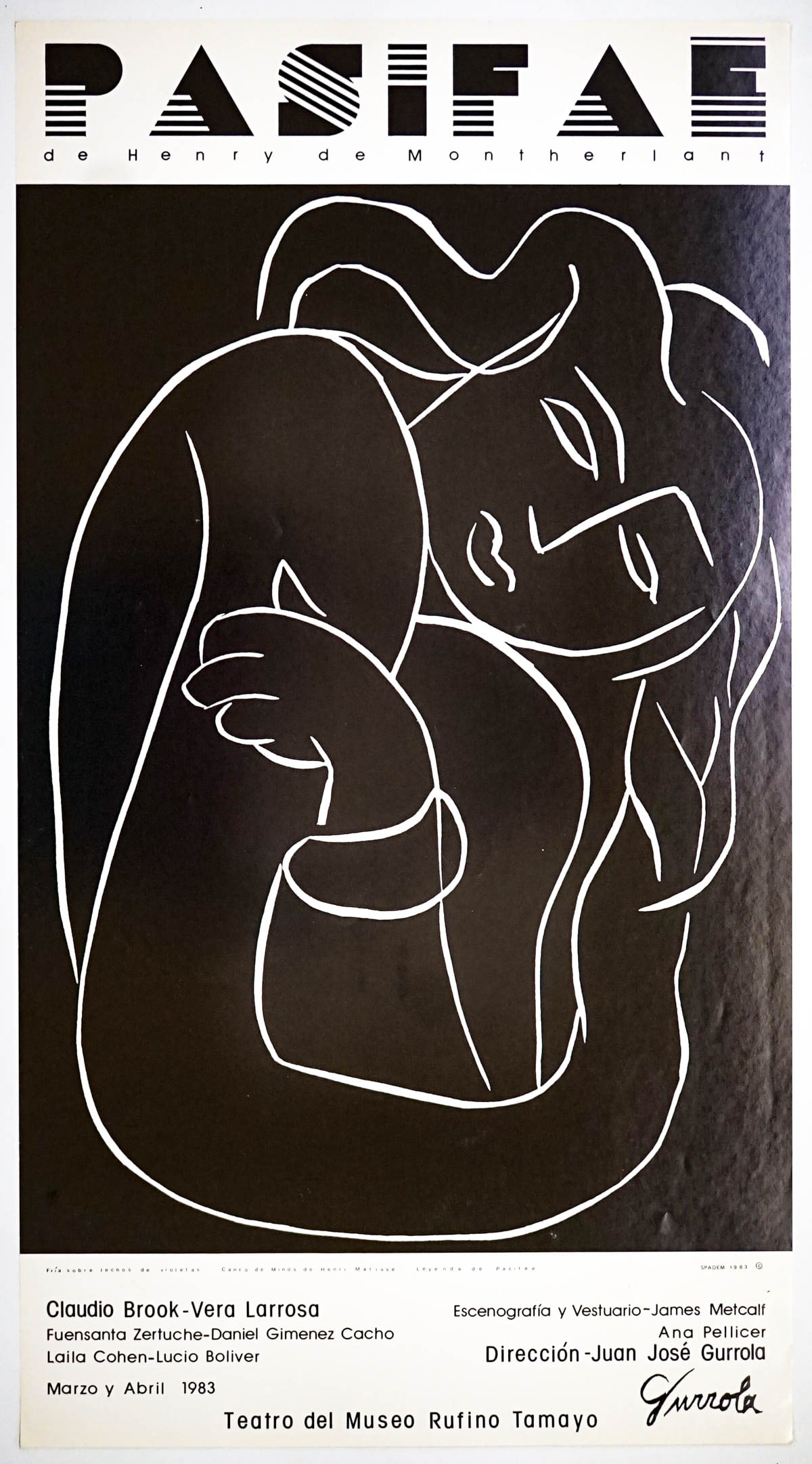 Henri Matisse Exhibition Poster (Pasifae, 1983): Henri Matisse Exhibition Poster (Pasifae, 1983). Measures 35.75 x 19.375 inches sheet size. EX/EX+ condition. Unframed, loose and not mounted, glued nor taped. If lot is absent of a condition report o