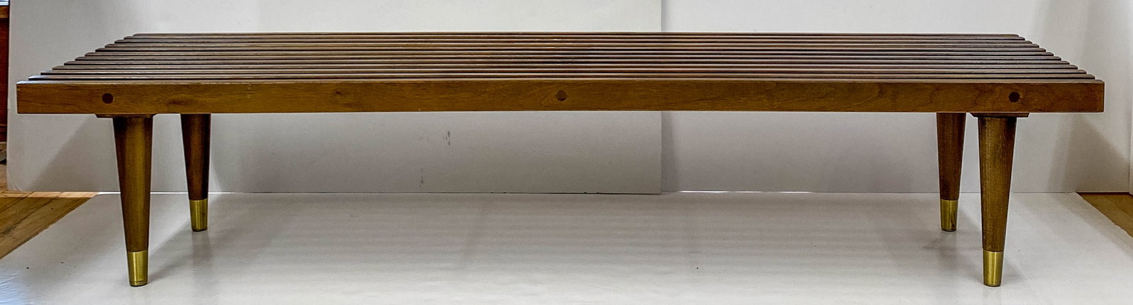 Mid-Century American Walnut Slat Table: Mid-Century American Walnut Slat Table. No labels, decals or marks. Measures 60 inches x 17.5 x 12.5 inches. This slat table or bench needs to be cleaned or refinished. If lot is absent of a condition