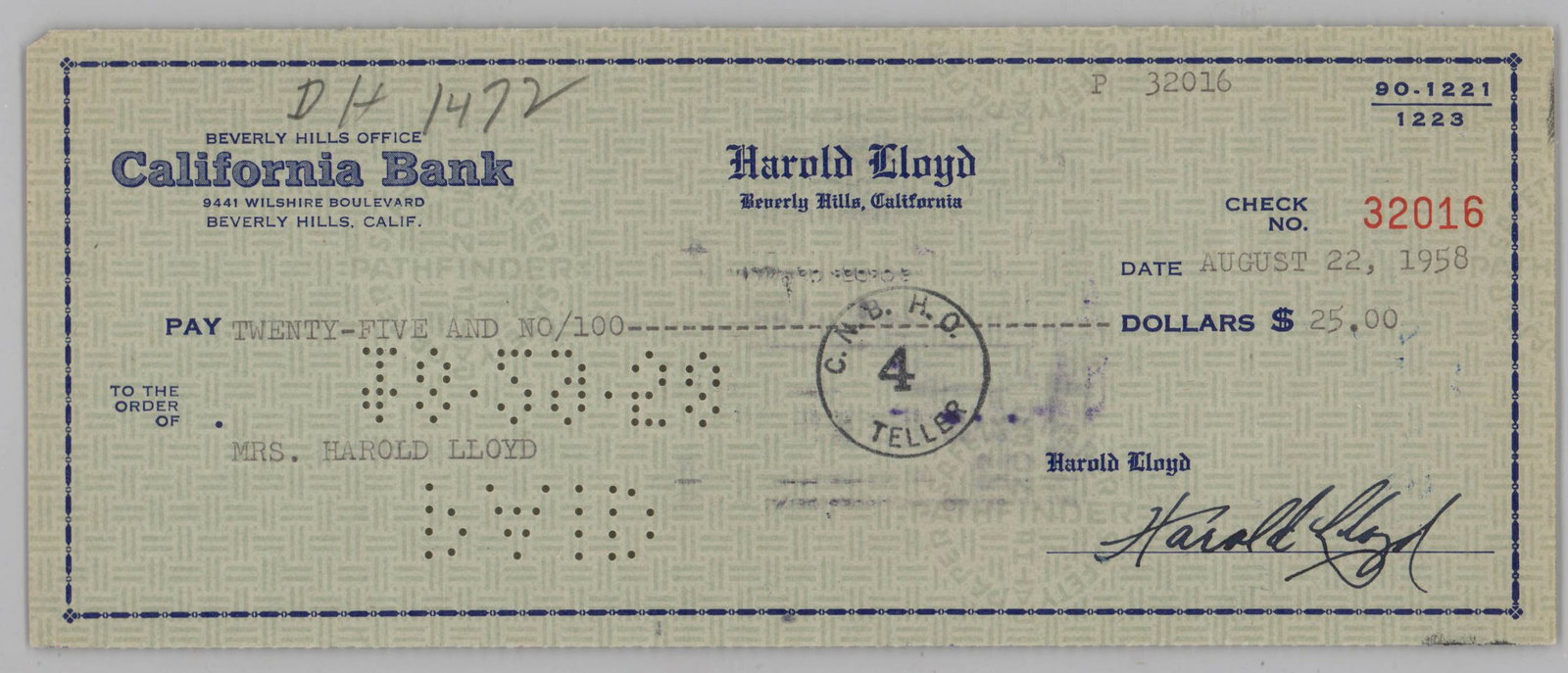 Harold Lloyd Signed Check BAS LOA (1 of 3)