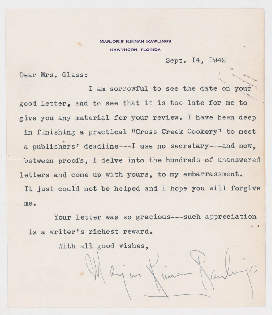Marjorie Kinnan Rawlings Typed Letter SIGNED COA (1 of 2)