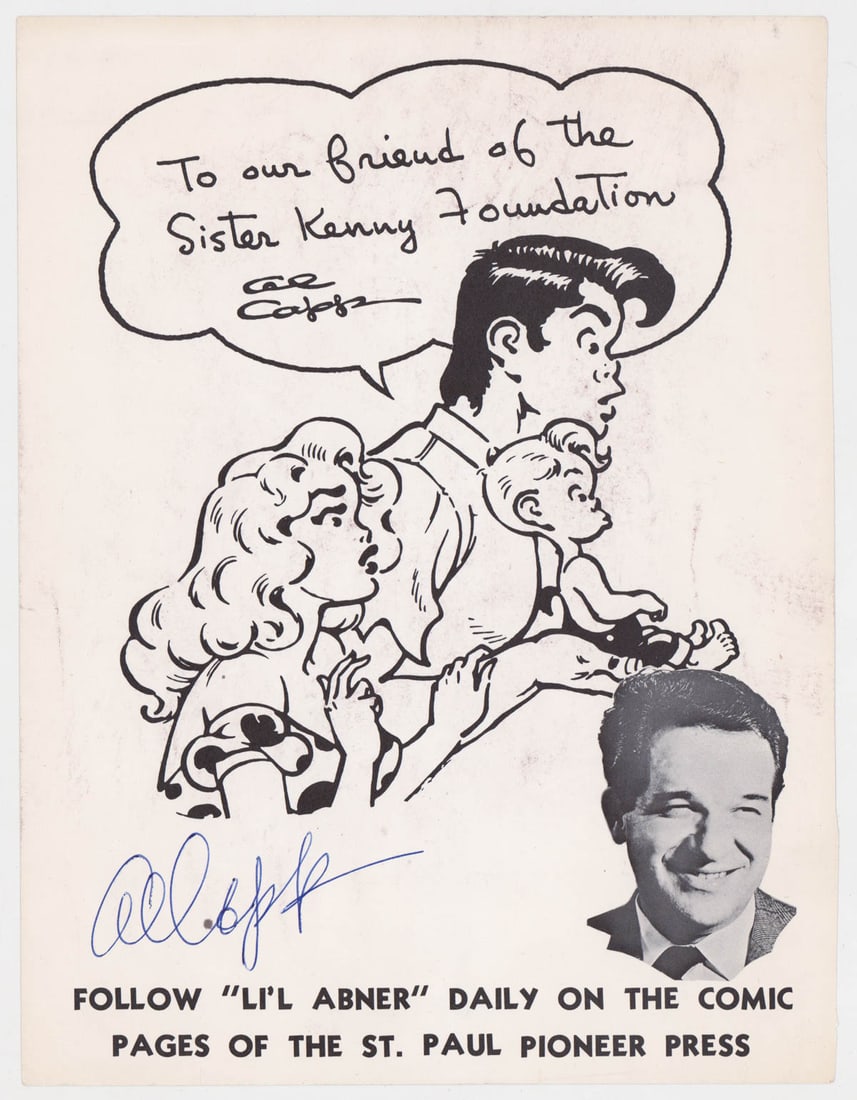Al Capp Hand Signed Newspaper Premium: Al Capp Hand Signed Newspaper Premium. Measures 11 x 8.5 inches. VG-EX condition. Unframed, loose and not glued or mounted. If lot is absent of a condition report one may be requested via email. Condi