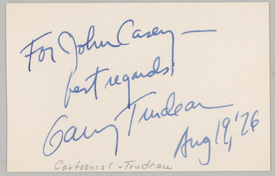 Gary Trudeau (Doonesbury) Cut Signature: Gary Trudeau (Doonesbury) Cut Signature. Measures 3 x 4.625 inches. Excellent condition. Beckett Authentication Services COA #BM04155. Unframed, loose and not glued or mounted. If lot is absent of a c