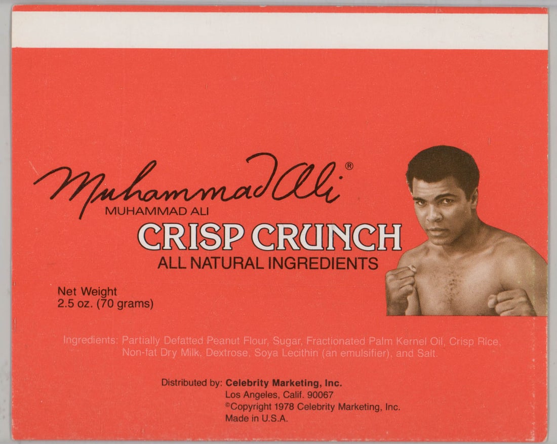 Muhammad Ali Crisp Crunch Candy Wrapper: Muhammad Ali Crisp crunch Candy Wrapper. Measures 5 x 6.25 inches. VG-EX/EX condition. If lot is absent of a condition report one may be requested via email. Condition report is provided as an opinion