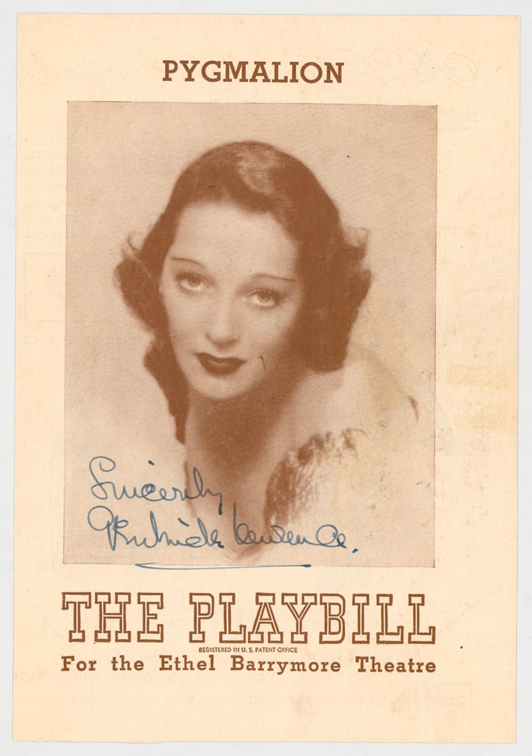 Gertrude Lawrence 'Pygmalion' Playbill SIGNED COA: [English Actress, Singer] Gertrude Lawrence signed and inscribed one (1) sheet playbill cover. Measures 8.75 in. x 6.125 in. Beckett Authentication Services COA #BM03167. If lot is absent of a conditi