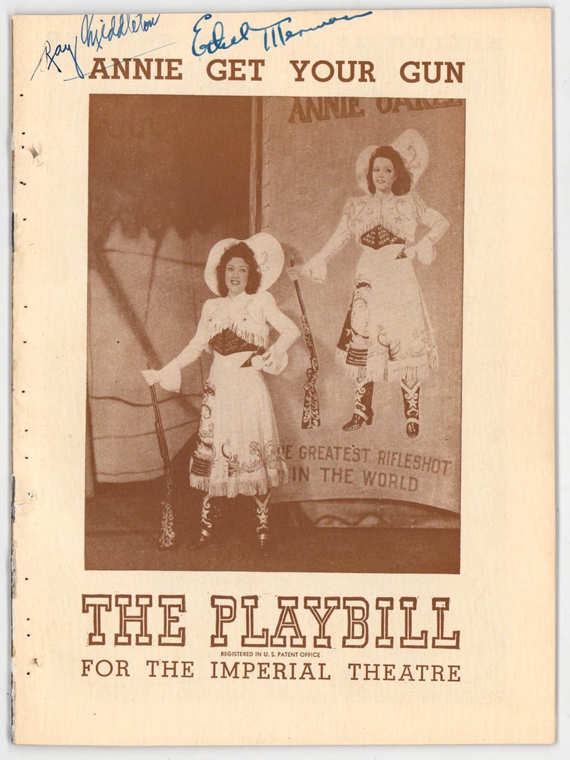 Ethel Merman Ray Middleton SIGNED BAS COA: 'Annie Get Your Gun' playbill signed by Ethel Merman and Ray Middleton. Measures 8.75 in. x 6.5 in. 40 pp. Beckett Authentication Services COA #BM03160. If lot is absent of a condition report one may 