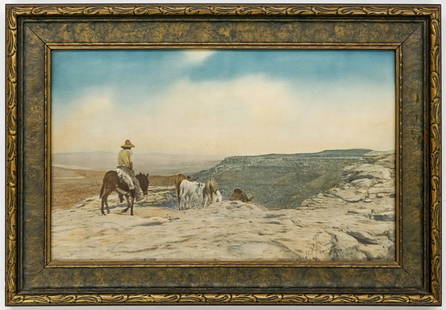 J.R. Willis [New Mexico] Color Tinted Photo: J.R. Willis [New Mexico] Color Tinted Photo. New Mexico landscape with rider herding mules. Signed lower right. Image size 10 x 16 inches, measures 13.5 x 19.5 inches framed. Excellent condition,