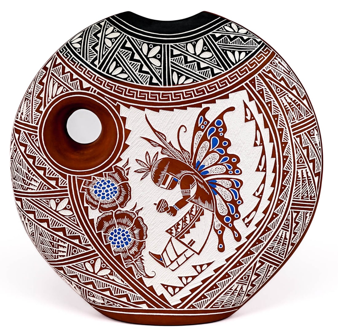 R.N.K. Sanchez Acoma 14IN Pillow Vase [Kachina]: R.N.K. Sanchez signed Acoma, New Mexico vase with Kachina Dancers measures 14 in. tall x 14.5 in. wide x 4 in. deep. No evidence of cracks or repairs. If lot is absent of a condition report one may be