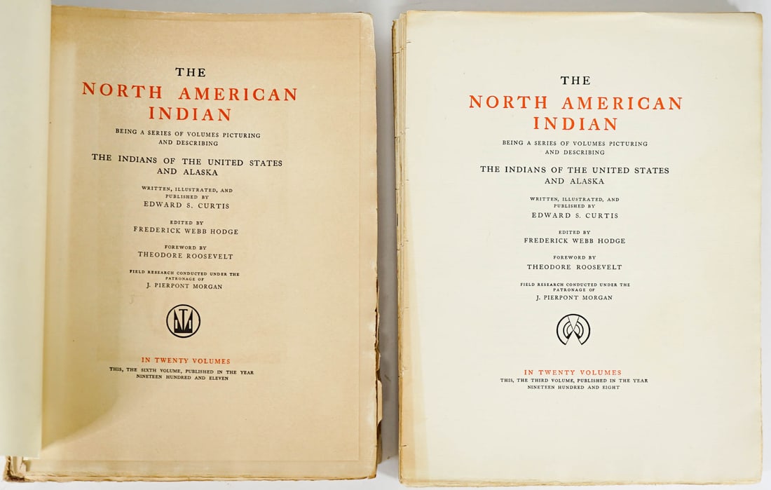 Text Volumes of The North American Indian: Curtis, Edward S. 1868-1952. Text Volumes of The North American Indian volumes III and VI. Text only, lacking photogravures, no spine or covers. Pages measure approximately 12.5 x 9.5 inches. If lot i