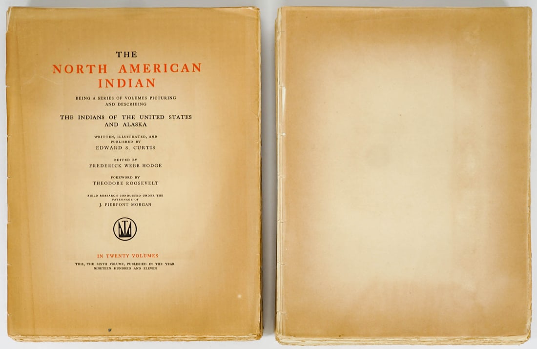 Text Volumes of The North American Indian: Curtis, Edward S. 1868-1952. Text Volumes of The North American Indian volumes VI and VIII. Text only, lacking photogravures, no spine or covers. Pages measure approximately 12.5 x 9.5 inches. If lot 