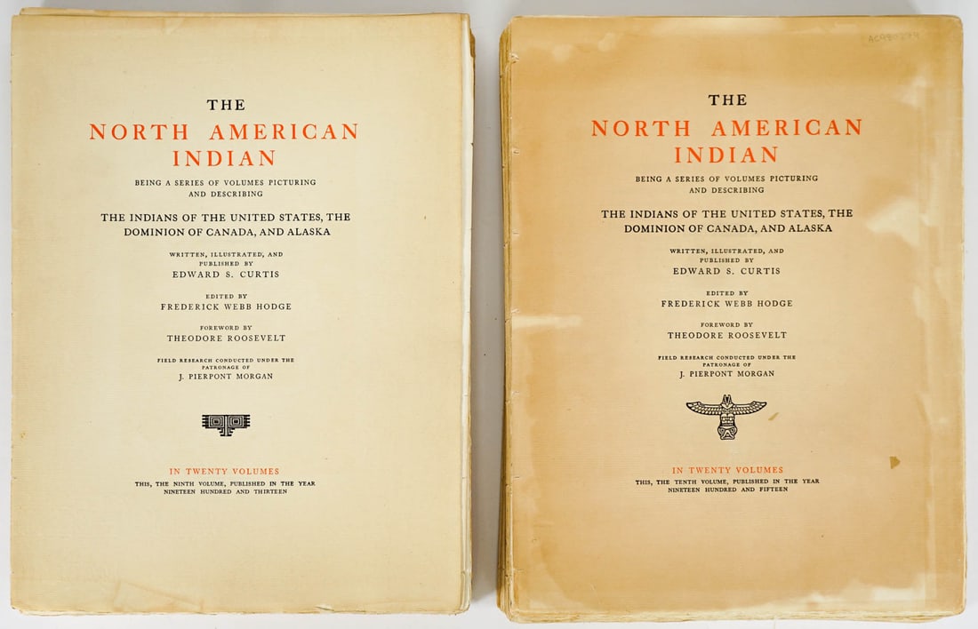 Text Volumes of The North American Indian: Curtis, Edward S. 1868-1952. Text Volumes of The North American Indian volumes IX and X. Text only, lacking photogravures, no spine or covers. Pages measure approximately 12.5 x 9.5 inches. If lot is 