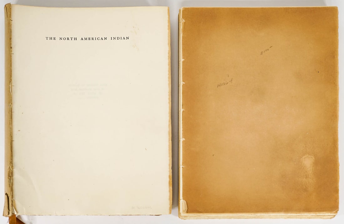 Text Volumes of The North American Indian: Curtis, Edward S. 1868-1952. Text Volumes of The North American Indian volumes III and VIII. Text only, lacking photogravures, no spine or covers. Pages measure approximately 12.5 x 9.5 inches. If lot