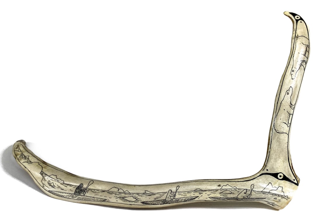Scrimshaw Antler Signed T.W.: Scrimshaw Antler Signed T.W. Signed twice, measures 11.25 x 12 inches. No evidence of cracks or repairs. If lot is absent of a condition report one may be requested via email. Condition report is prov