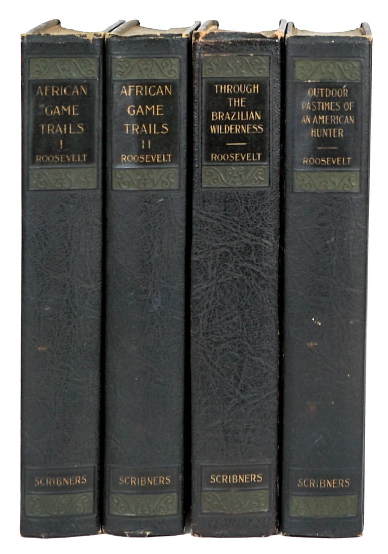 Theodore Roosevelt (4) Books-African Game Trails: Theodore Roosevelt (4) green leatherette books. Include: 1) African Game Trails Vol I and II.1926 Charles Scribner's Sons. 676 pp. Illustrated. Owner bookplate and names inside front covers. 2) Outdoo