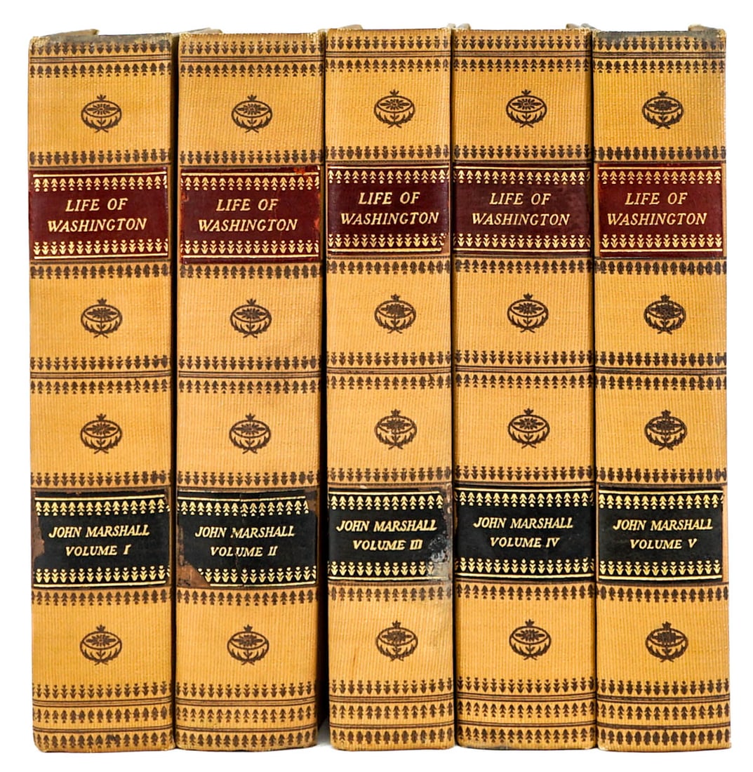 Life of Washington by John Marshall (5V) 1926: The Life of George Washington by John Marshall 5 volume set. Citizens' Guild 1926. Illustrated. Brown cloth. Wear to covers and Volume II with warped front cover. Set measures 8.75 in. x 5.75 in. x 8.