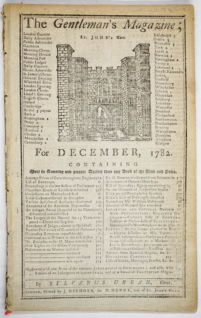 The Gentleman's Magazine, December 1782: Sylvanus Urban, The Gentleman's Magazine and Historical Chronicle. For the year MDCCLXXXII. January-December 1782 BUT only contains pages 553-600 December only!. Softcover, publisher London, 1782. Art