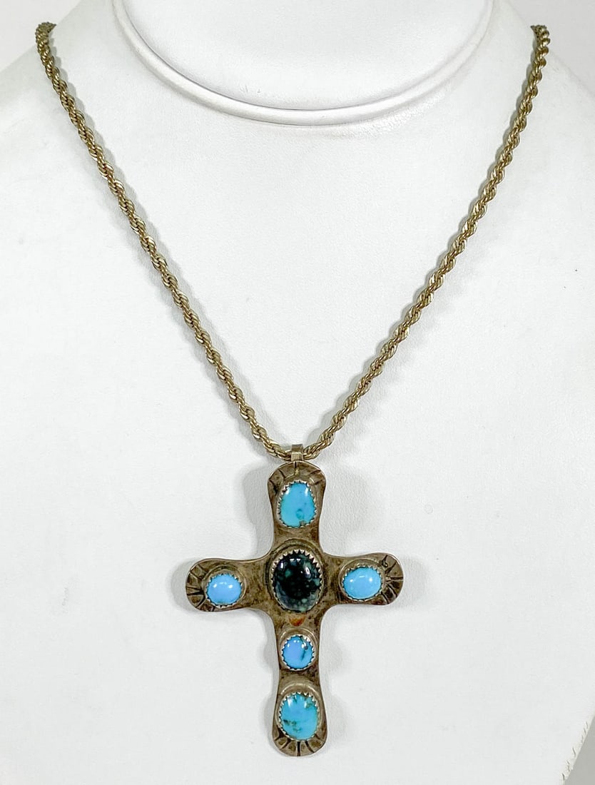 Signed JDG Navajo Silver Turquoise Cross Pendant (1 of 4)