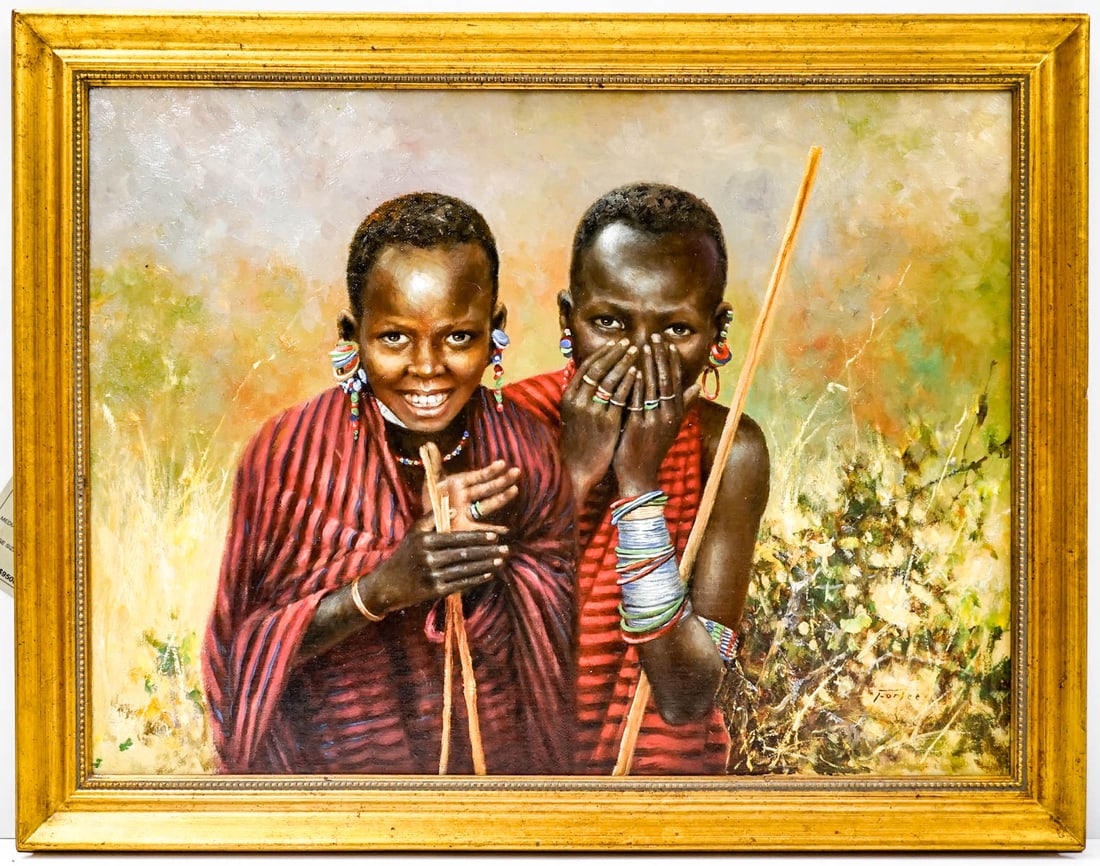 Eric Forlee (Born 1949, California) Original Oil: Eric Forlee (Born 1949, California) Original Oil Painting on Canvas [Maasai Girls]. Signed lower right (Forlee). Measures 18 x 24 inches image size and 21.5 x 27.5 x 1.5 inches framed. Excellent condi
