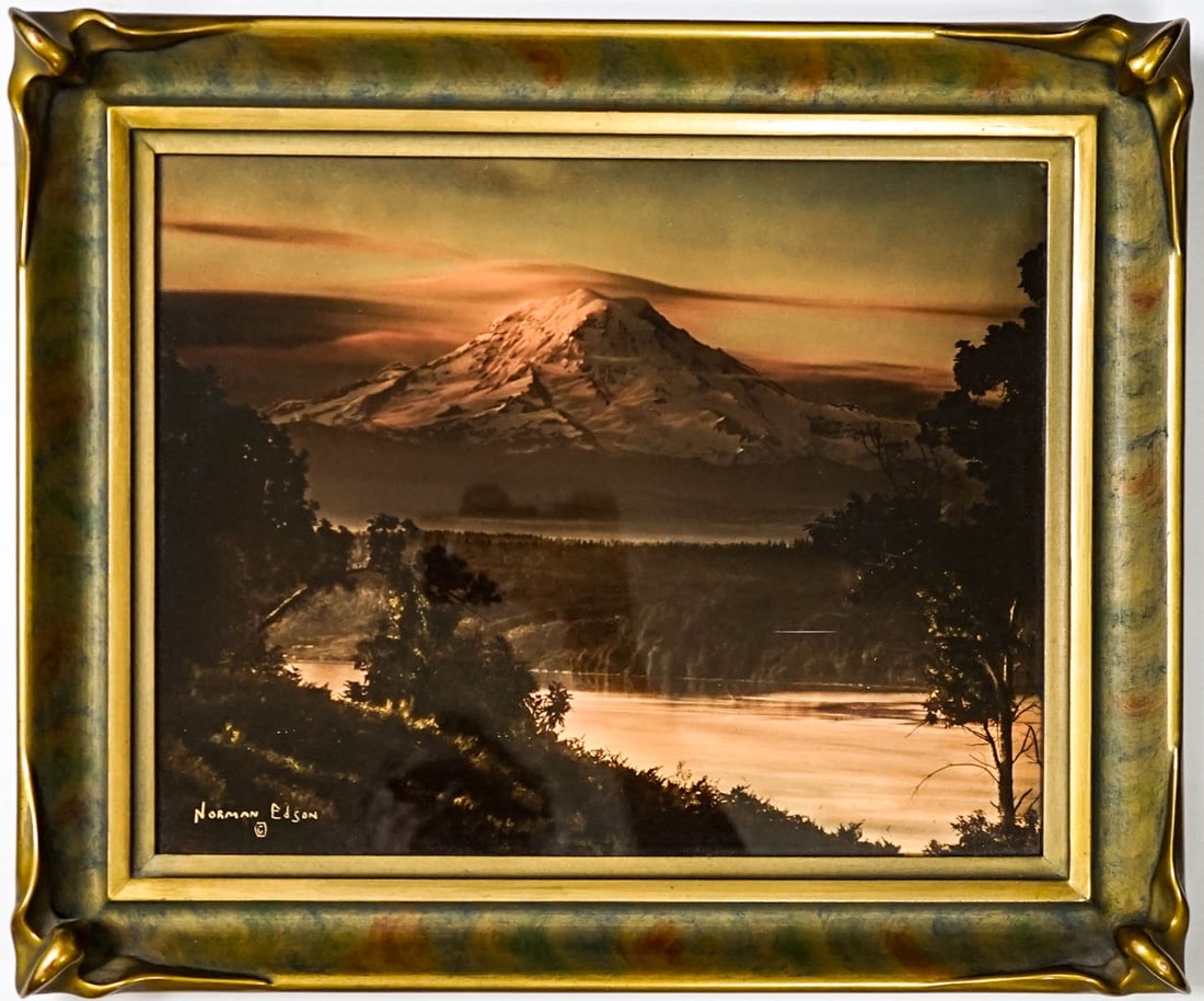 Norman Edson Mt. Rainier Orotone [Goldtone]: Norman Edson Mt. Rainier Orotone [Goldtone]. Measures 11 x 14 inches image size, measures 15 x 17.5 inches framed with 2 inch wide piecrust frame. The photo appears to be in excellent condition. Not i
