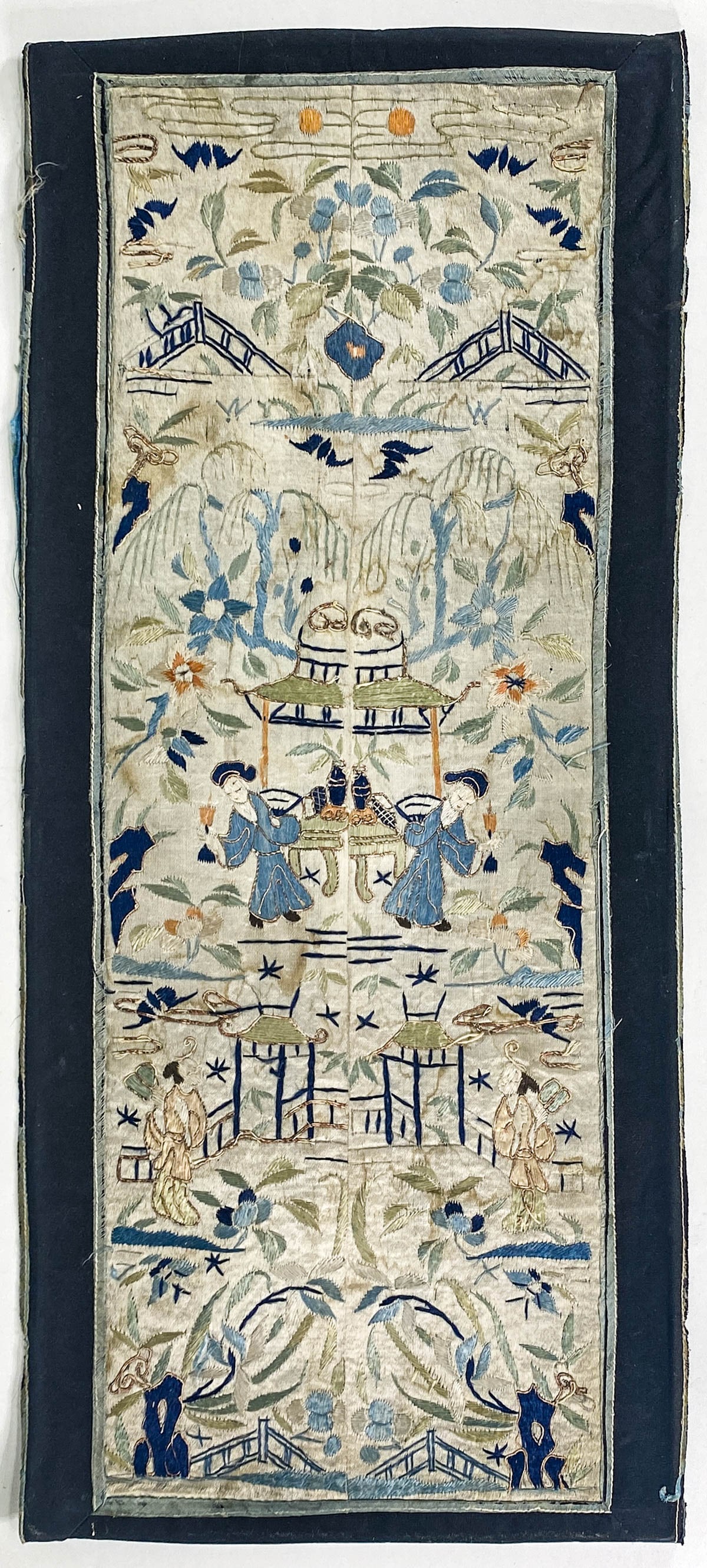 Chinese Antique Forbidden Stitch Sleeve Panels: Chinese Set of Antique Forbidden Stitch Sleeve Panels. They measure 20 x 7.5 inches combined (51.5 cm x 19 cm). Unframed, loose and not glued or mounted. Good condition. If lot is absent of a conditio