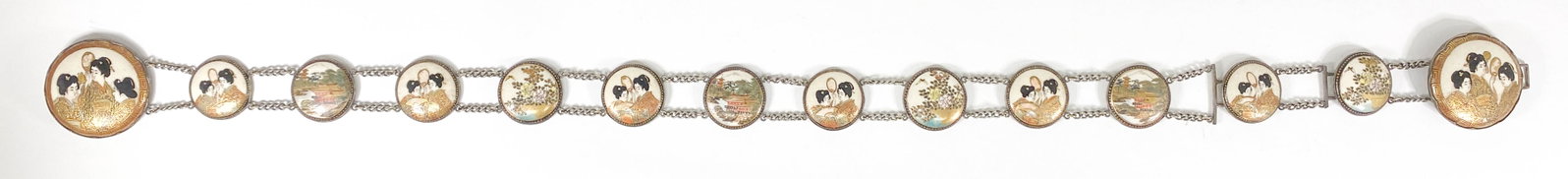 Satsuma Belt: Japanese Satsuma belt. The largest (buckle) measures 2 inches diameter (50 mm), other measure 1.1875 inches diameter (30 mm). Total length is 29 inches (74 cm). No signs of damage or repairs. If lot i