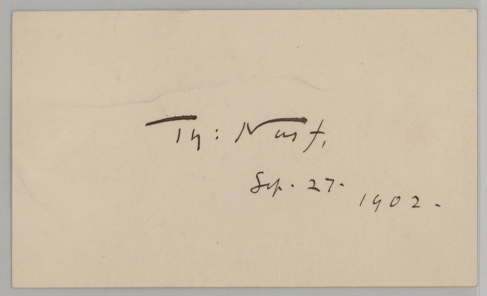 [Caricaturist] Thomas Nast Index Card SIGNED LOA: Caricaturist and Editorial Cartoonist Thomas Nast index card signed and dated. Beckett Authentication Services LOA #AC49231. If lot is absent of a condition report one may be requested via email. Cond