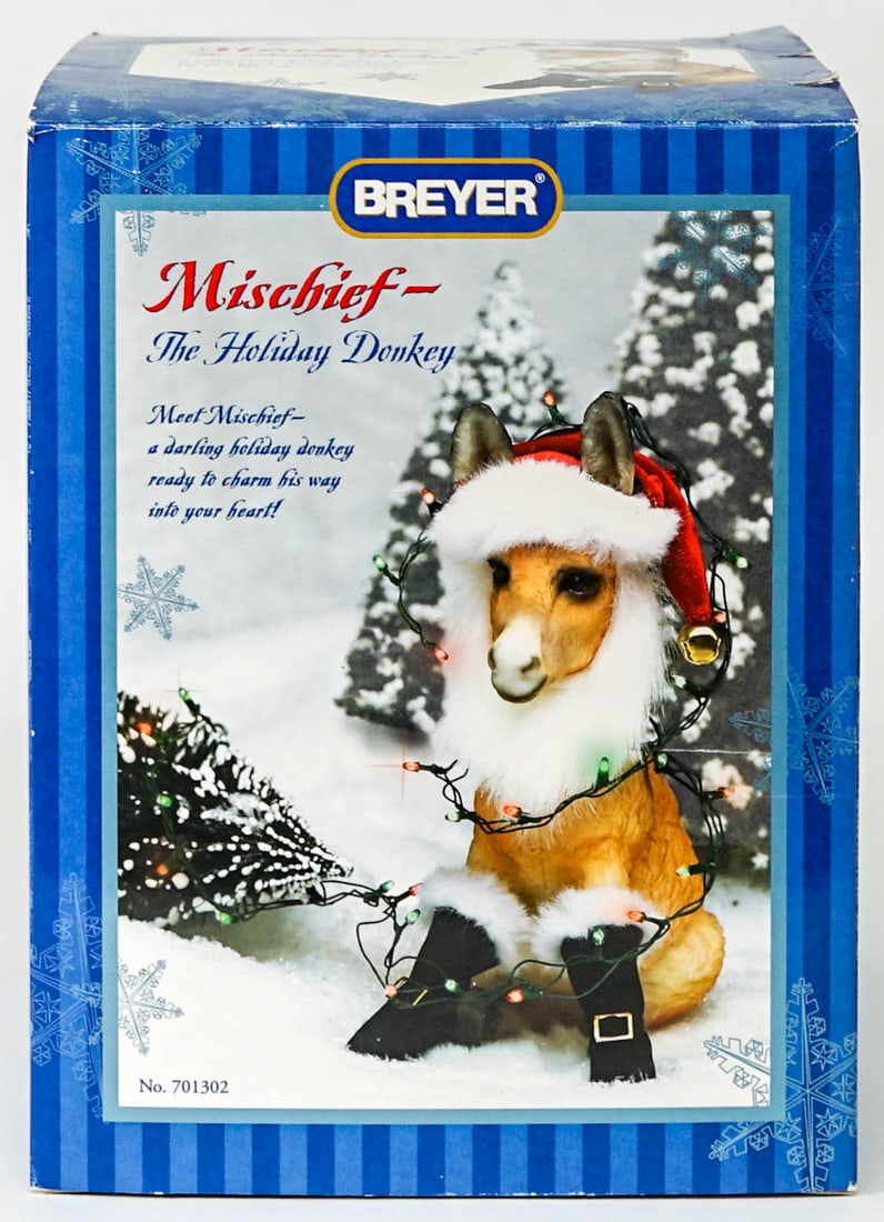 Breyer 2002 Holiday Donkey 701302 MIB: Breyer 2002 Holiday Donkey 701302 MIB. Note the contents are factory sealed. Box measures 9.75 in. x 7.25 in. x 7.25 in. If lot is absent of a condition report one may be requested via email. Conditio