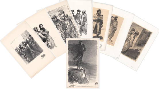 Theophile Steinlen (1859-1923) WWI Lithographs (8): Theophile Alexandre Steinlen (1859 - 1923) World War I lithographs (8). They measure approximately 15 x 22 inches sheet size. All are unframed, loose and not glued or mounted. Mixed condition. Provena