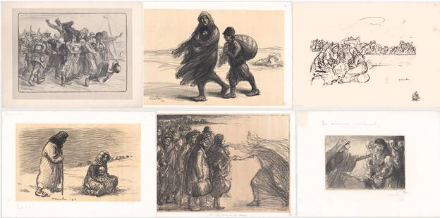 Theophile Steinlen (1859-1923) WWI Lithographs (6): Theophile Alexandre Steinlen (1859 - 1923) World War I lithographs (6). They measure approximately 17 x 22 inches sheet size. All are unframed, loose and not glued or mounted. Mixed condition. Provena