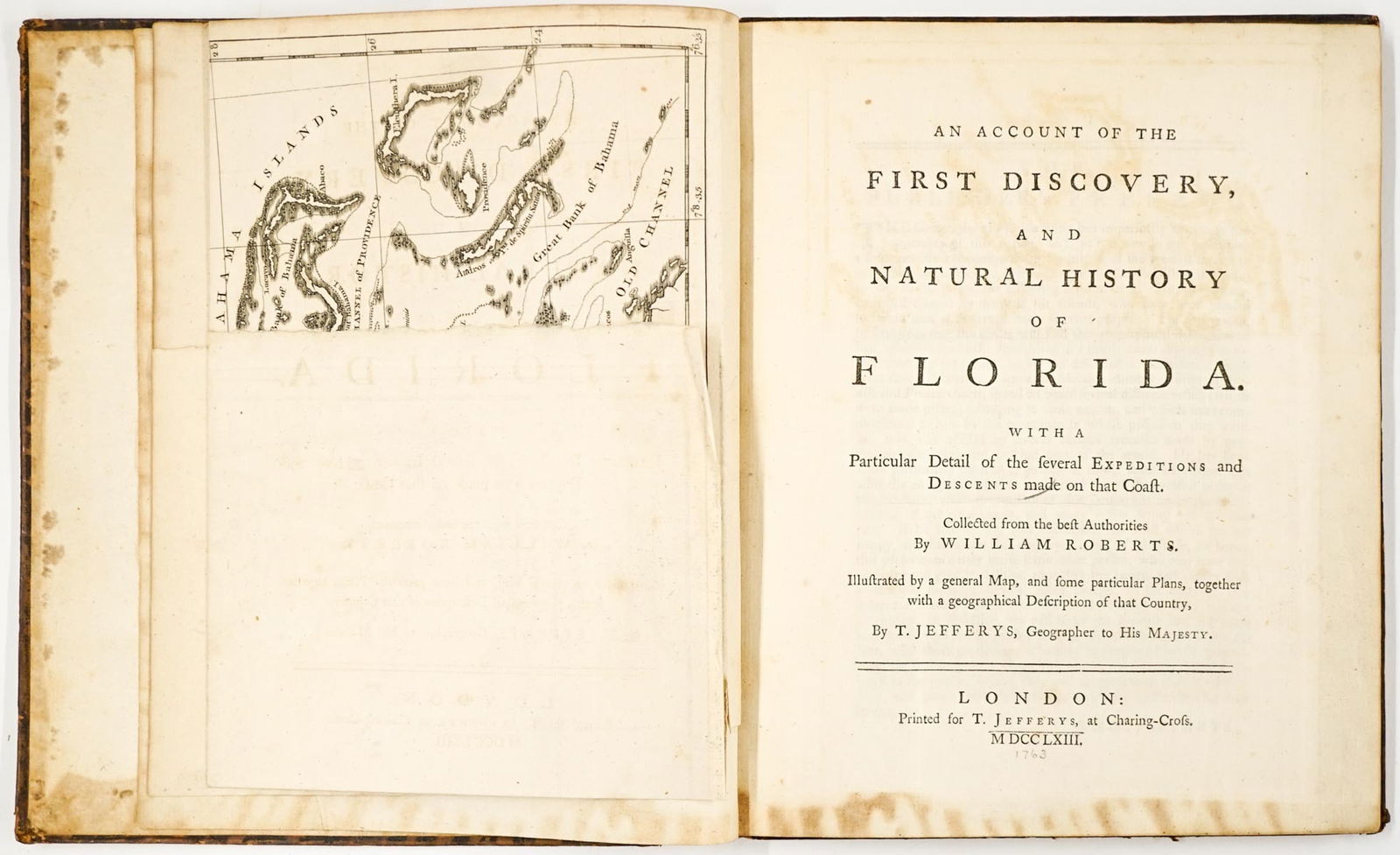 1763 Florida 1st Edition Complete: [6 folding maps and 1 folding plate] An Account of the First Discovery and Natural History of Florida. William Roberts & Thomas Jefferys, London: T[homas] Jefferys, 1763. 6 fine folding engraved maps,