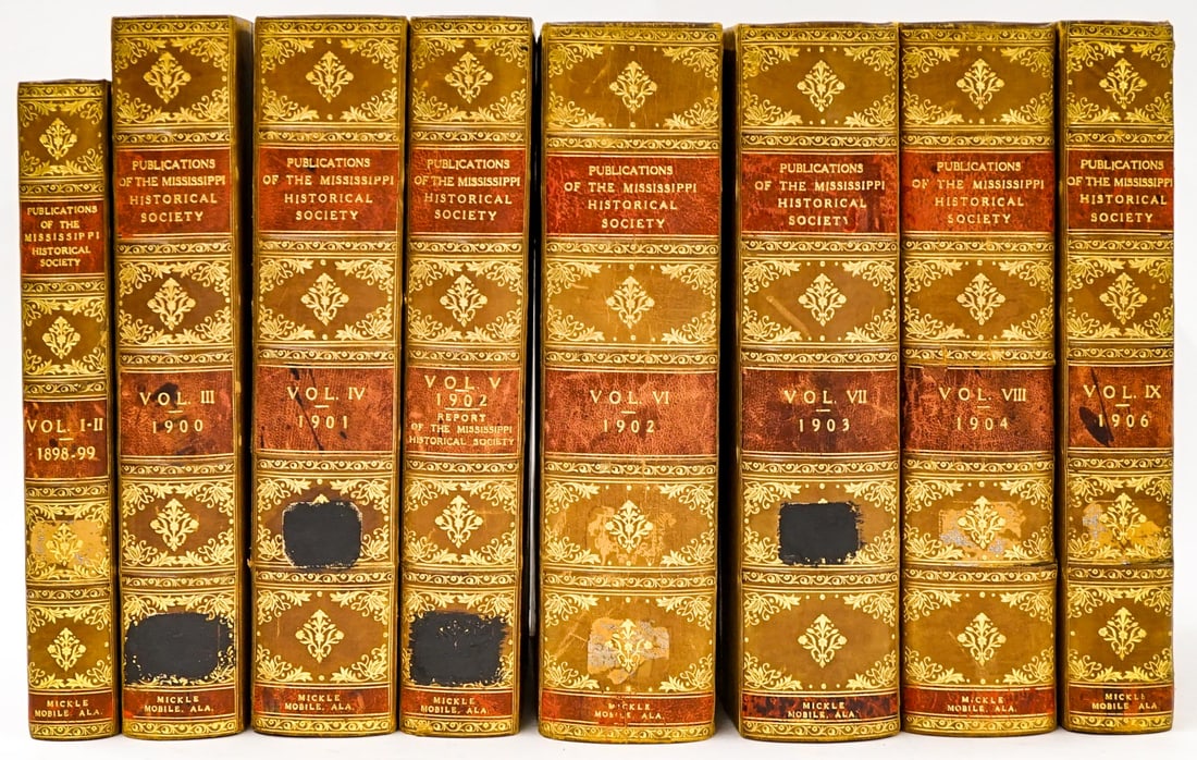 Publications of The Mississippi Historical Society: Publications of The Mississippi Historical Society (9 volumes, I-IX, no duplicates). There are NO library book card pockets affixed unless photographed and/or disclosed otherwise. Many simply have a B