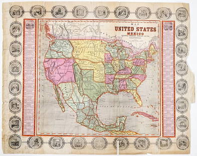 C.1846-47 Unites States, Mexico Ornamental Map: C.1846-47 Unites States, Mexico Ornamental Map. The map is surrounded by an ornamental border including 30 state seals with two columns of statistical information flanking the map. The last dated