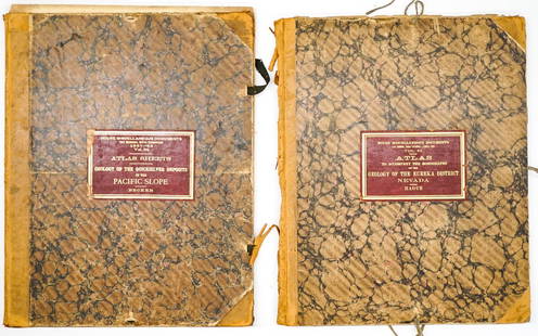 Two Atlases USGS: 1. Atlas to Accompany a Monograph on the Geology of the Eureka District, Nevada. U. S. Geological Survey 1883. Folio, covers detached, contains 19 colored maps, 22 sheets total. 2. Atlas to Accompany