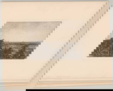 A Group of Antique Etchings & Litho (4): Includes 1. Maxime Lalanne plate signed etching "Bordeaux Vue de Canon". 2. Seymour Haden pencil signed etching "Kidwelly Castel", trimmed. 3. Denis Auguste Marie Raffet lithograph. 4. Rene Paul Huet