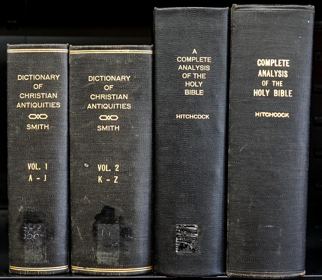 19th Century (4) Rebound Books [Christianity]: Four (4) rebound books include: 1) Dictionary of Christian Antiquities 1875 2 volume set edited by William Smith and Samuel Cheetham. John Murray, London. 2) Two (2) editions of Hitchcock's New and Co